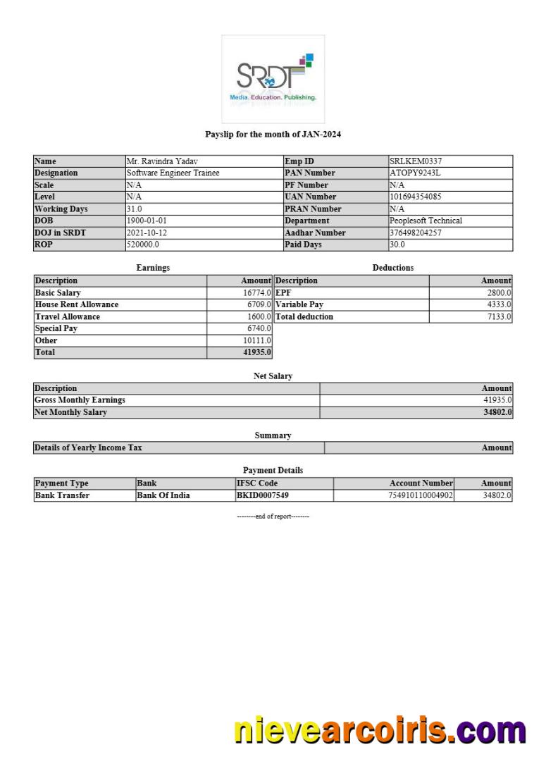 SRDT media, education, publishing payslip